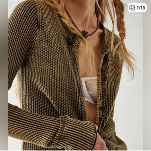 Free People Olive Ribbed Button-Up Thermal Henley